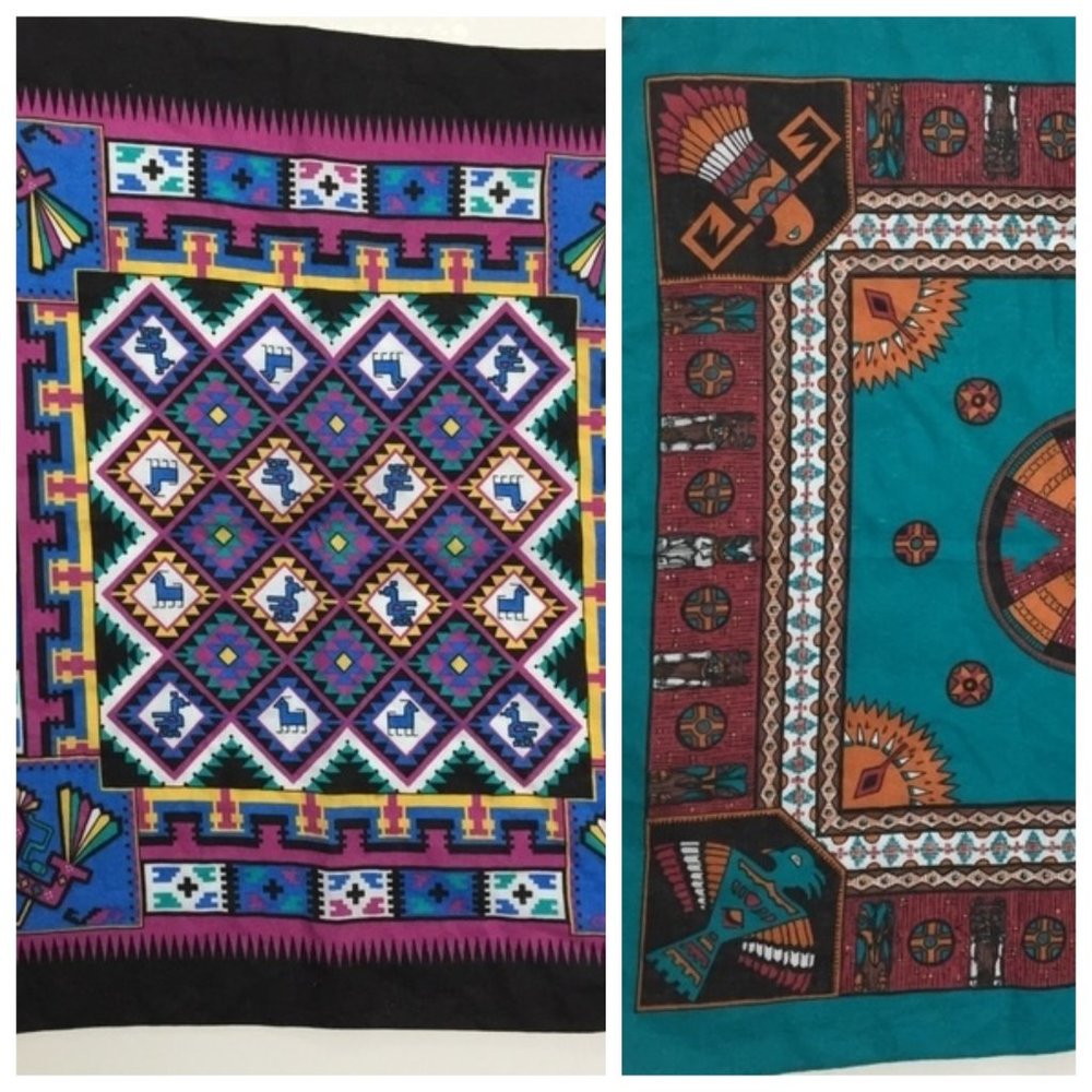 Vintage Tribal Southwest Colorful Square Cotton Scarves Bandannas 80s Lot of 2